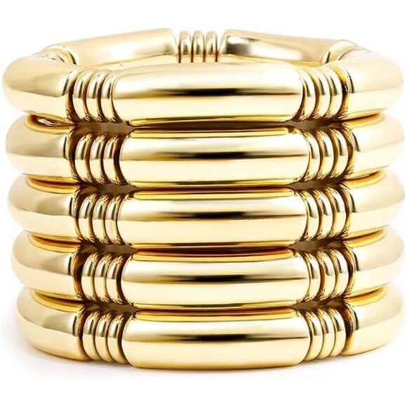 Gold Chunky Bangles Bracelets For Women 14k Gold Plated Stack Layered Curved - Picture 7 of 7